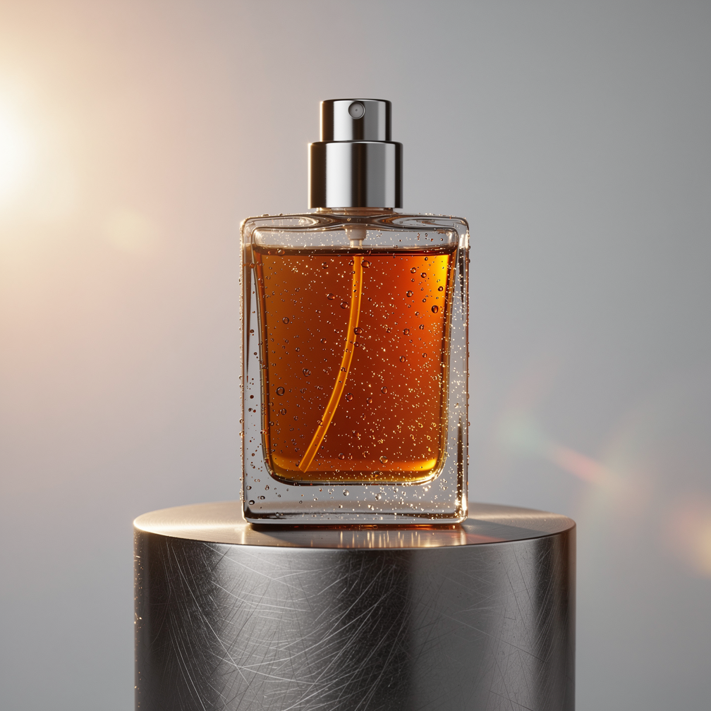 FLUX.2 Pro: A premium transparent glass perfume bottle standing on a brushed titanium pedestal, amber liquid inside, tiny condensation droplets, soft sunrise light passing through the glass and casting warm caustics, pale gray seamless studio background, luxury cosmetics campaign photography, crisp material detail, centered composition, square image, no text, no logo