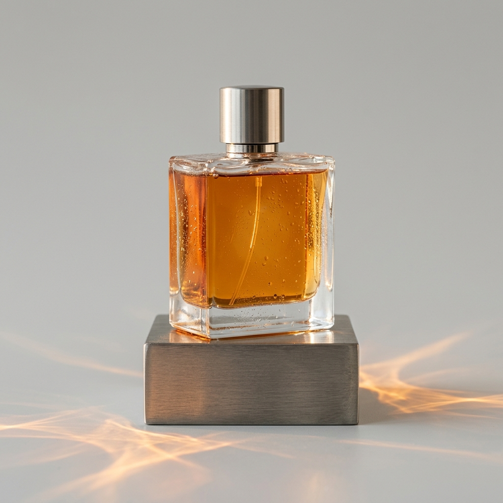 Nano Banana 2: A premium transparent glass perfume bottle standing on a brushed titanium pedestal, amber liquid inside, tiny condensation droplets, soft sunrise light passing through the glass and casting warm caustics, pale gray seamless studio background, luxury cosmetics campaign photography, crisp material detail, centered composition, square image, no text, no logo