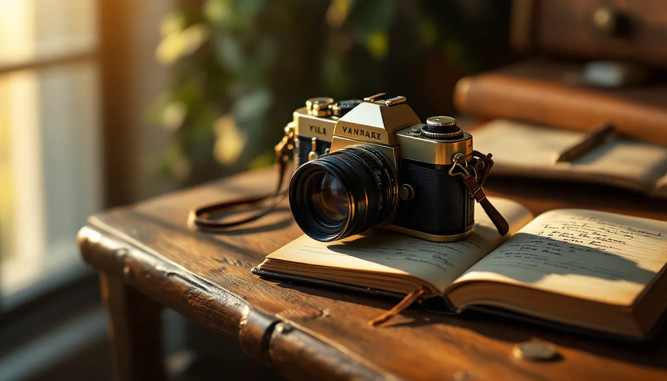 FLUX 1.1 Pro on hiapi — vintage brass camera still life rendered via flux-1.1-pro, 16:9 aspect ratio, photorealistic with shallow depth of field