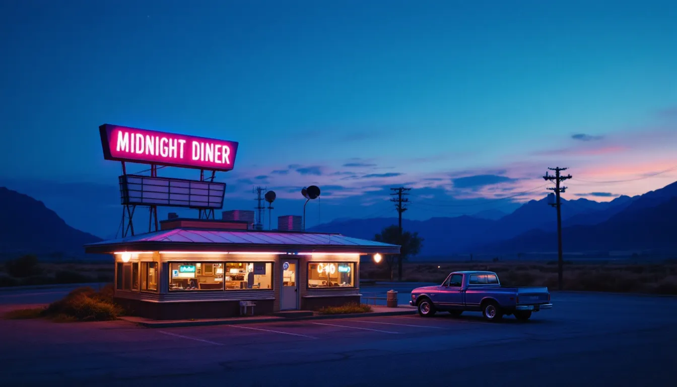 Wide-angle photograph of a roadside diner at dusk with a neon MIDNIGHT DINER sign, rendered by flux-1.1-pro at 16:9