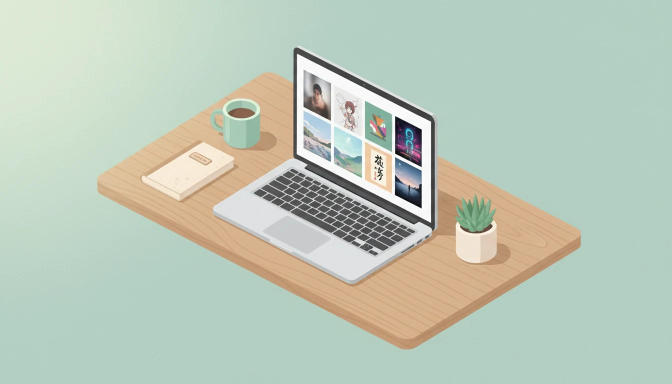 hiapi platform overview — a developer's laptop showing a grid of eight image thumbnails, each in a different style, illustrating the range of generative outputs available through one API