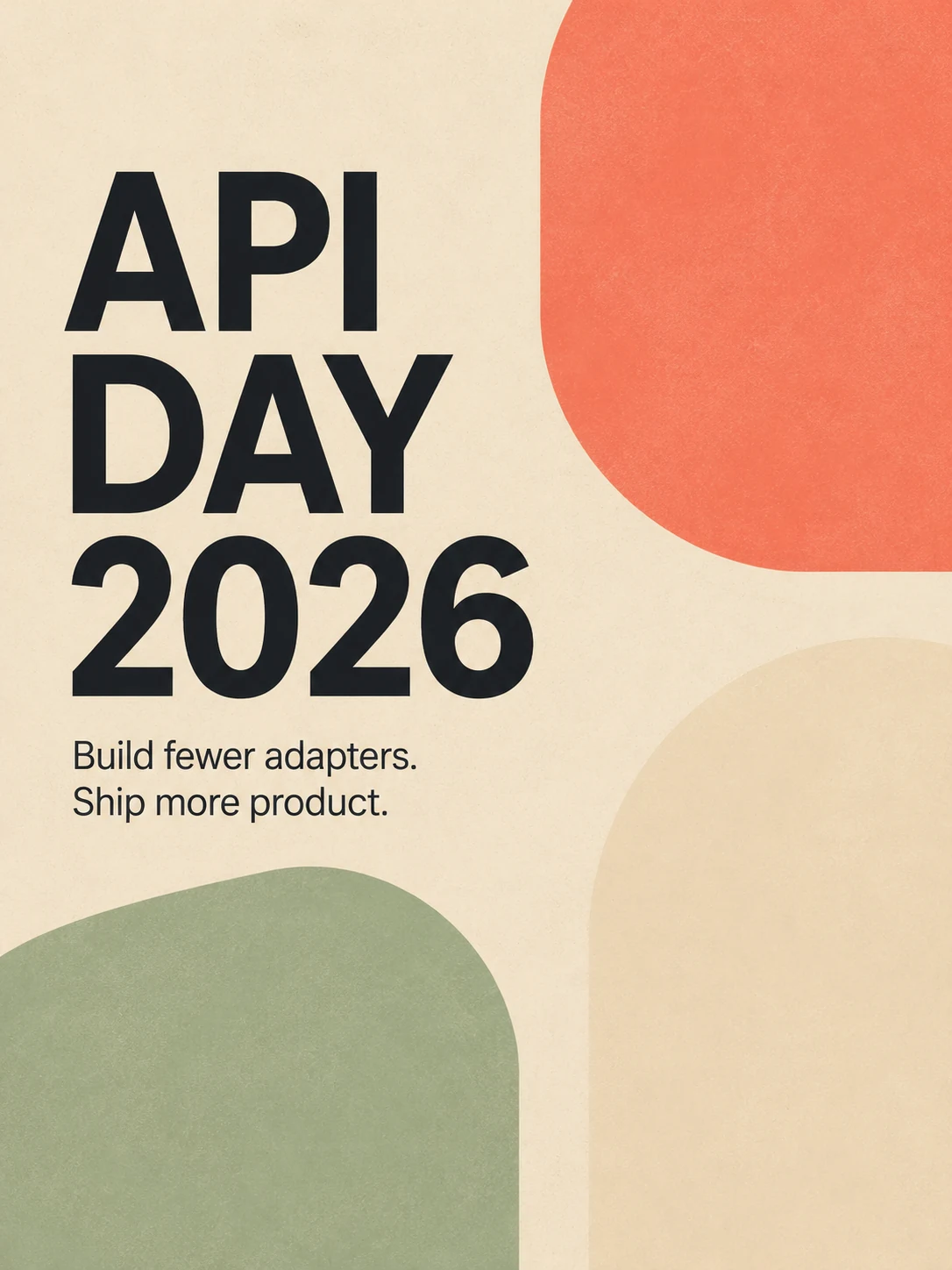 gpt-image-2 on hiapi — minimalist event poster, large sans-serif headline reading API DAY 2026 and subtitle Build fewer adapters. Ship more product., coral and sage shapes on cream paper