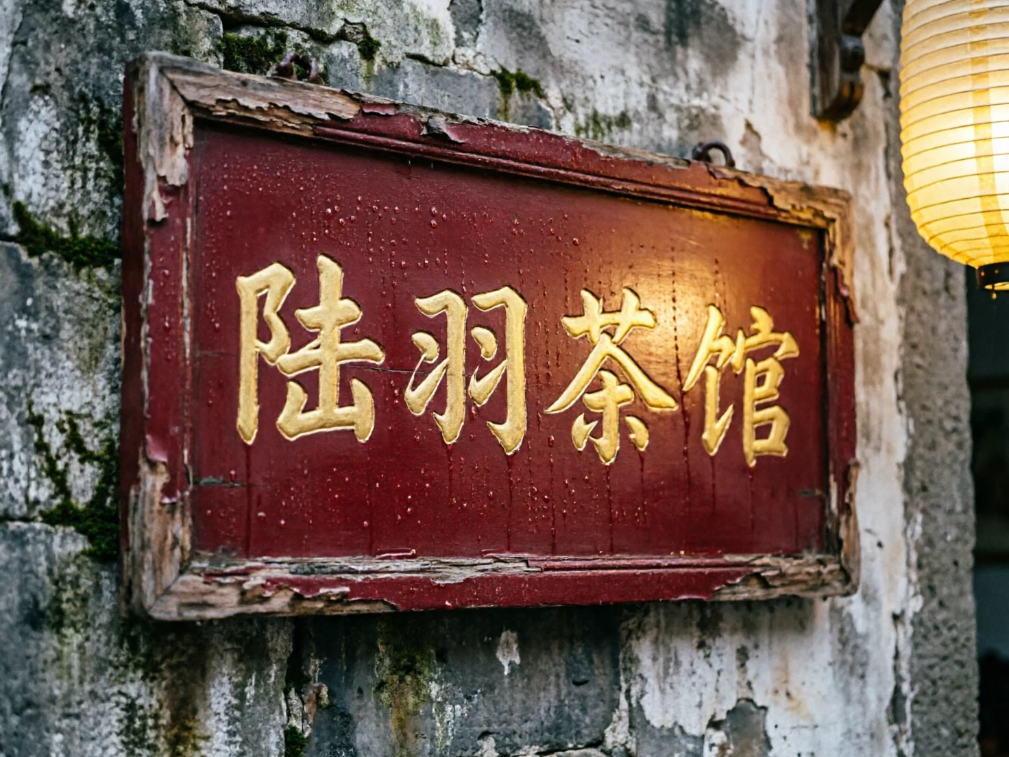 qwen-image-2.0 on hiapi — vintage Chinese tea-house wooden signboard, the carved calligraphy reads 陆羽茶馆 in gold lacquer on a deep red panel, weathered edges, paper lantern glow
