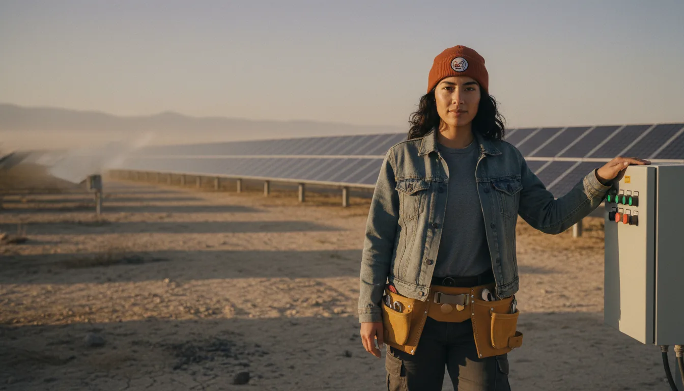 A 35mm-style environmental portrait of a young field engineer in a rust-orange beanie and faded denim jacket, standing beside a control panel on a desert solar farm at golden hour with rows of dark blue panels stretching to the horizon, rendered by Nano-Banana through hiapi