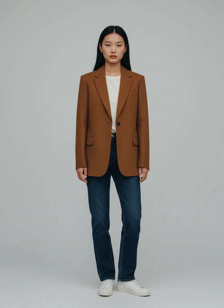 Full-body frontal e-commerce shot of Aria, a fashion catalogue model with centre-parted long black hair, wearing a structured rust-toned single-breasted wool blazer over an ivory crew-neck t-shirt, dark indigo straight-leg jeans, and white leather sneakers, standing relaxed on a light grey seamless backdrop