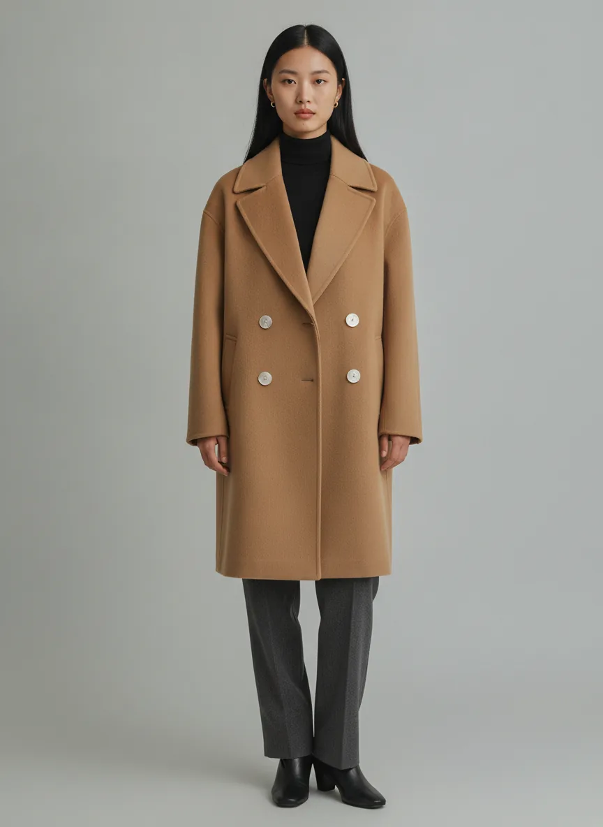 Full-body frontal e-commerce shot of the same model Aria, now wearing an oversized camel-coloured double-breasted wool overcoat with mother-of-pearl buttons, over a black turtleneck and charcoal trousers with black ankle boots, on the same light grey seamless backdrop