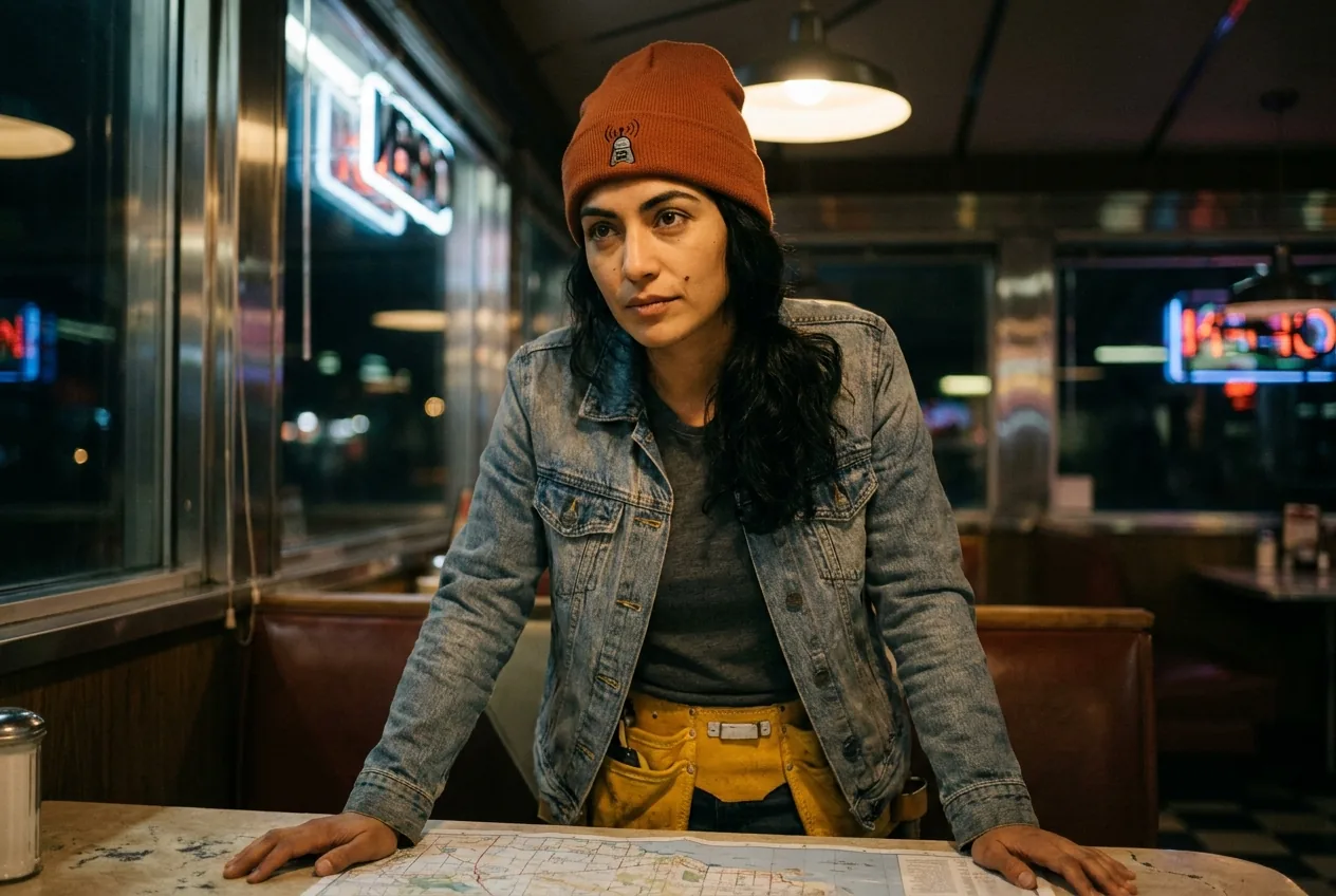 A moody medium portrait of Mira sitting in a roadside diner booth at night, leaning over a paper map under a single tungsten ceiling lamp, chrome window reflections behind her, rendered on Nano-Banana-Pro for a sharper, denser portrait quality