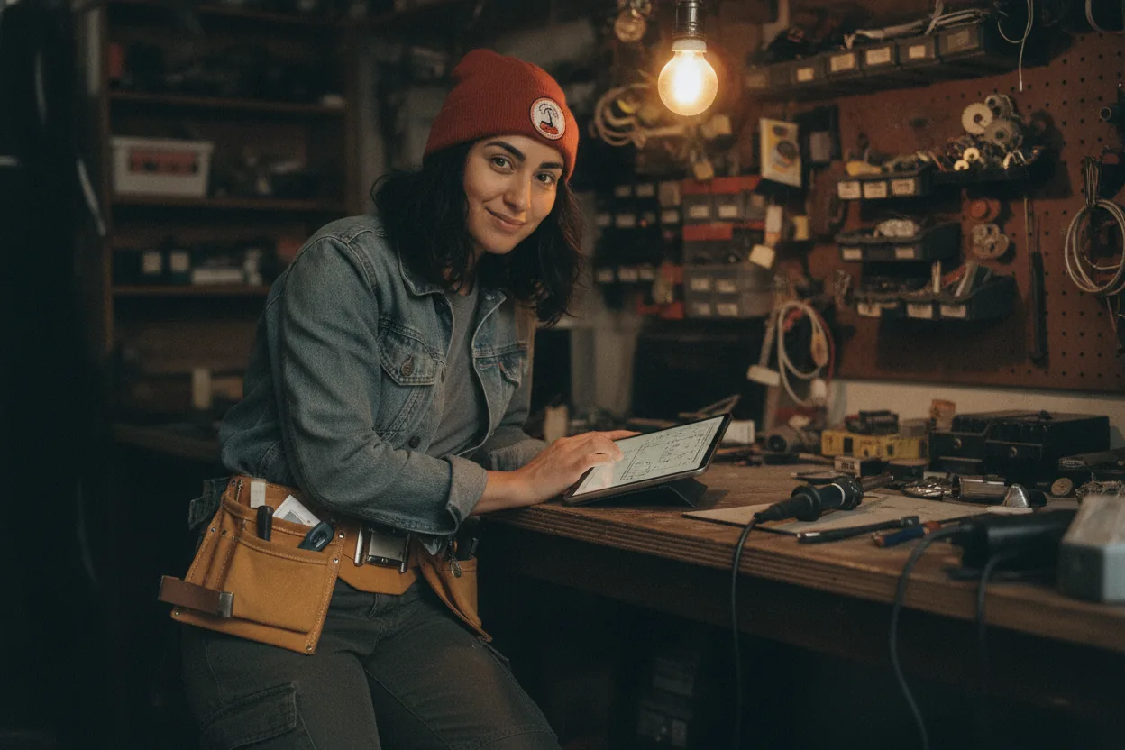 Mira in a cluttered repair workshop at night, leaning over a wooden workbench under a single warm hanging bulb, reading a circuit schematic on a tablet, surrounded by scavenged parts on pegboards