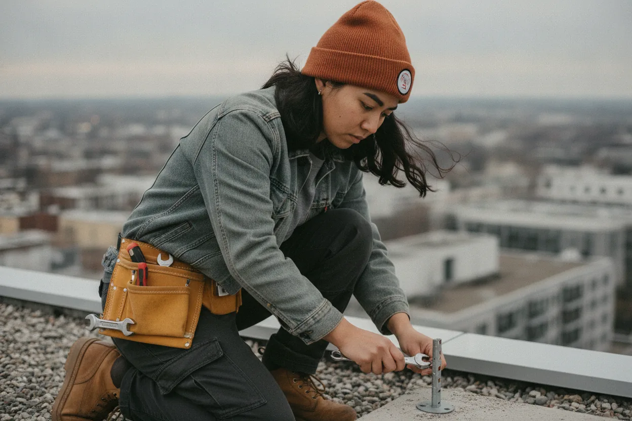 Mira kneeling on a city rooftop in cold overcast morning light, bolting a small antenna mast to a ledge, dark wavy hair caught in the wind, grey buildings in the distance